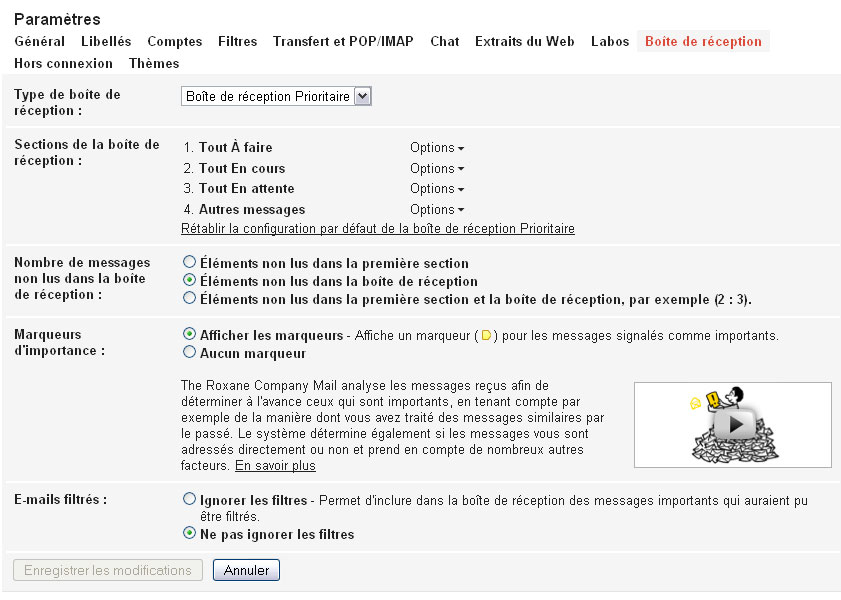 paramètres boite de réception
